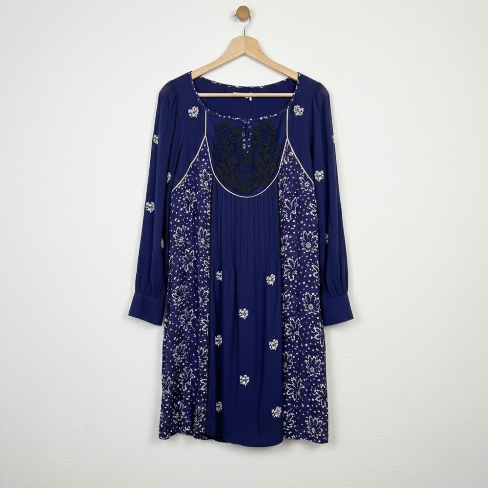 Floreat Anthropologie Navy Blue Floral Embroidered Pleated Tunic Dress Size 12